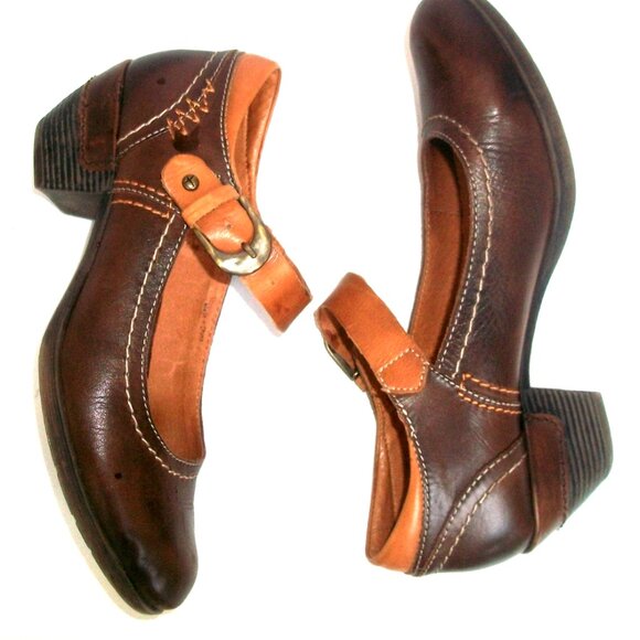 Pikolinos 2-tone Brown-Leather Embroidered Mary Jane Comfort Pumps 9M - Picture 1 of 10